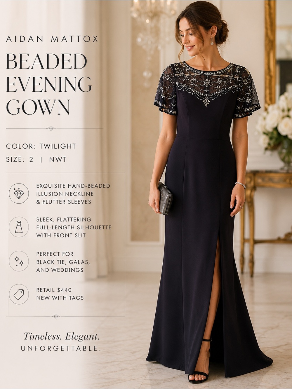 Navy Blue Aidan Mattox Beaded Gown Size 2 - Picture 12 of 12